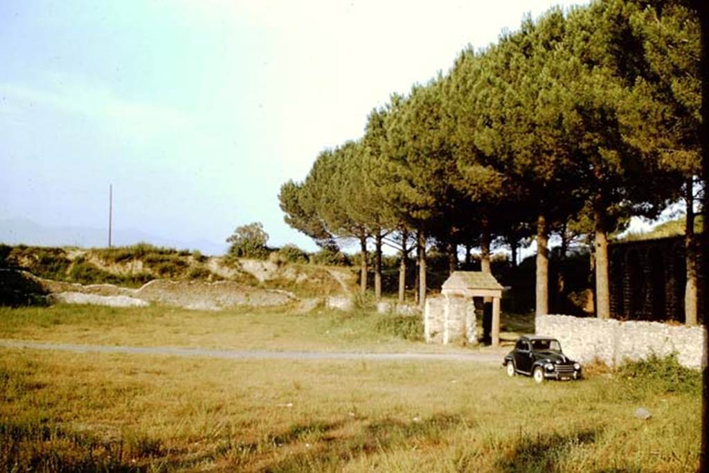II.5 Pompeii. 1966. Looking east across site. Photo by Stanley A. Jashemski.
Source: The Wilhelmina and Stanley A. Jashemski archive in the University of Maryland Library, Special Collections (See collection page) and made available under the Creative Commons Attribution-Non Commercial License v.4. See Licence and use details.
J66f0266
The insula was cleared of lapilli from December 1954 to May 1955, except for the area of a modern house in the north-east corner, and the area of the north-west corner where there appeared to be an ancient building, as well as the chamber for access to the Sarno canal. 
The 1955 excavators had removed the volcanic material down to the original level, and then covered the area with backfill.
See Jashemski W. F., 2014. Discovering the Gardens of Pompeii: The Memoirs of a Garden Archaeologist 1955 � 2004, p. 132-3.

