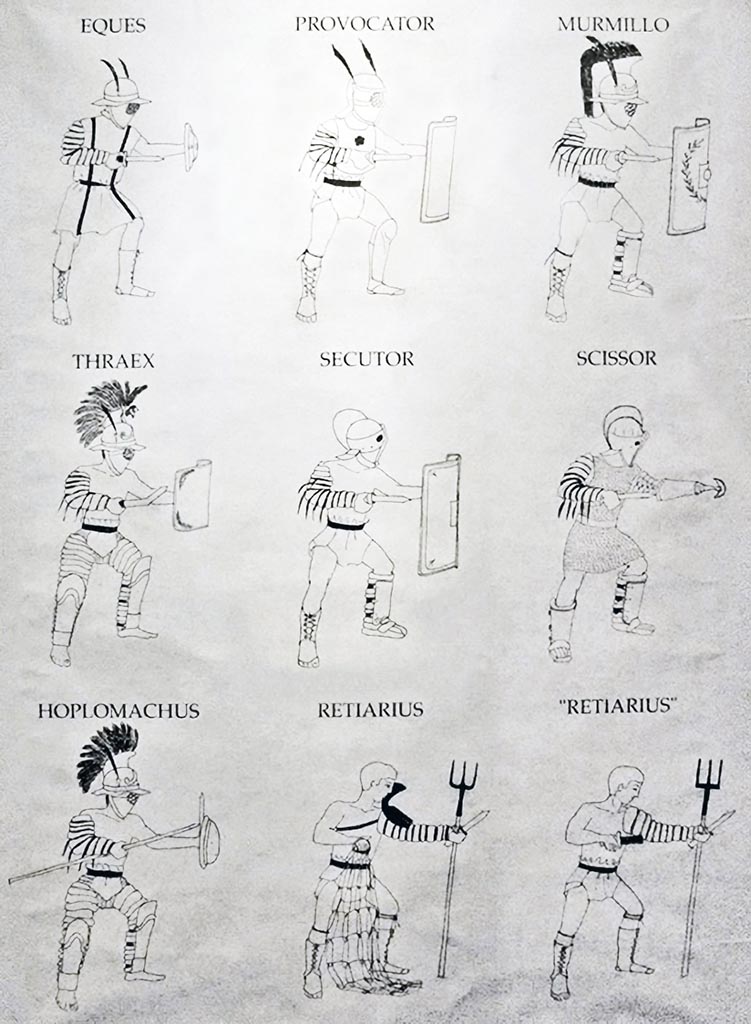 II.6 Pompeii. Modern drawings of various types of gladiators showing typical armour and weapons.
Eques ("horseman")
Hoplomachus ("heavy-weapons fighter")
Murmillo ("fish")
Provocator ("attacker")
Retiarius ("netman")
Secutor ("pursuer")
Thraex ("Thracian").
Photo courtesy of Barbara McManus.
