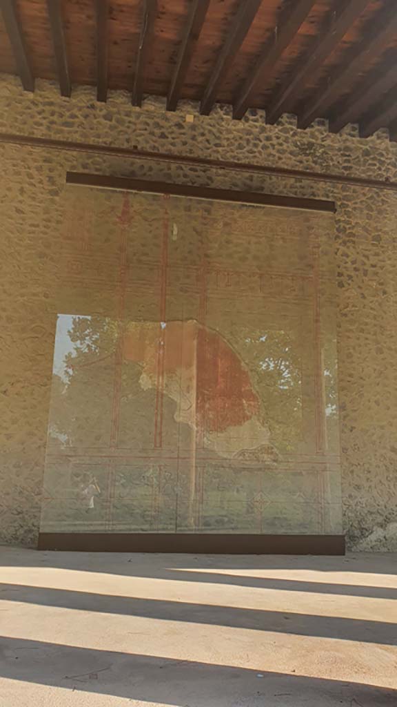 II.7.8 Pompeii. Palaestra. July 2021. Remaining painted plaster on north wall of portico.
Foto Annette Haug, ERC Grant 681269 DÉCOR.

