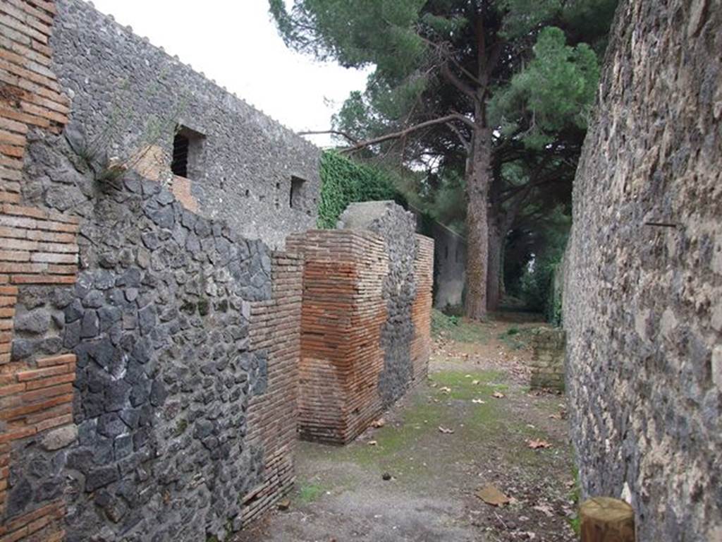 II.7.9a Pompeii, Palaestra, on left. December 2006. Looking south along rear wall of II.8.6, on right.
According to CTP �
This was the door leading to the rooms for the doorkeeper/porter (ostiarius) and although originally was not numbered, now known as II.7.9a.
In the recent past, the Vicolo between II.7 and II.8 had been blocked up at the northern extremity.
The south side of the Vicolo was closed by a wall before reaching doorway at II.7.10.
At least 10 bombs fell inside and outside the Palestra during September 1943, but luckily damage was slight.
See Van der Poel, H. B., 1986. Corpus Topographicum Pompeianum, Part IIIA. Austin: University of Texas. (p.54)

