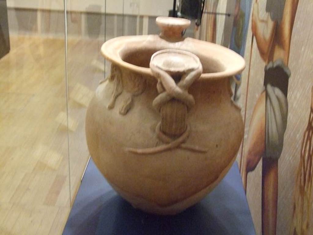 II.8.1 Pompeii. September 2009. Cult Vase, inventory number SAP 10528. Photographed at �A Day in Pompeii� exhibition at Melbourne Museum where it was said to be from �Complesso dei Riti Magici�. However, according to Cicirelli, the vase was found in II.8.1, and not in II.1.12 as put forward by Elia. See Cicirelli, C., Religio: feste e rituali del culto pubblico e privato, in Cibi e Sapori a Pompei e Dintorni, Exhibition Catalogue 2005. (p.35).