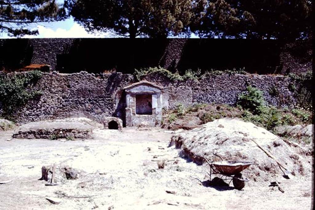 II.8.6 Pompeii. 1972. Looking east towards triclinium, on left, �dog-kennel� and Lararium during excavations in garden.  Photo by Stanley A. Jashemski. 
Source: The Wilhelmina and Stanley A. Jashemski archive in the University of Maryland Library, Special Collections (See collection page) and made available under the Creative Commons Attribution-Non Commercial License v.4. See Licence and use details. J72f0690
