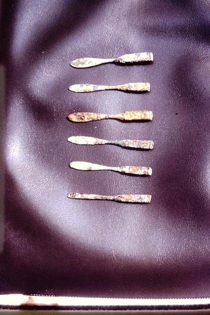 II.8.6 Pompeii. 1972. Medical instruments found near triclinium in 1953, by the original 1953-54 excavators. Photo by Stanley A. Jashemski. 
Source: The Wilhelmina and Stanley A. Jashemski archive in the University of Maryland Library, Special Collections (See collection page) and made available under the Creative Commons Attribution-Non Commercial License v.4. See Licence and use details. J72f0318
