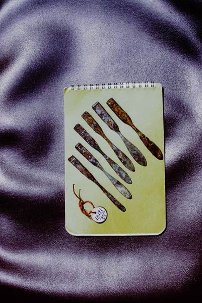 II.8.6 Pompeii. 1972. Medical instruments found near triclinium in 1953, by the original 1953-54 excavators. (Pompeii inv. no: 10121, dated 53). Photo by Stanley A. Jashemski. 
Source: The Wilhelmina and Stanley A. Jashemski archive in the University of Maryland Library, Special Collections (See collection page) and made available under the Creative Commons Attribution-Non Commercial License v.4. See Licence and use details. J72f0319
