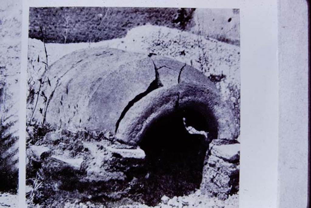 II.8.6 Pompeii. 1972. Photo of a photo of the �dog-kennel�, formed from a half-dolium. 
Photo by Stanley A. Jashemski. 
Source: The Wilhelmina and Stanley A. Jashemski archive in the University of Maryland Library, Special Collections (See collection page) and made available under the Creative Commons Attribution-Non Commercial License v.4. See Licence and use details.
J72f0471
According to Wilhelmina, Dott. Giordano told her that to the south of the triclinium an unusual doghouse had been found by the original excavators. 
An old amphora had been cut in half lengthways and placed on a low masonry wall, the dog then entered its kennel through the mouth of the amphora. 
Unfortunately, this no longer existed.
See Jashemski, W.F., 2014. Discovering the Gardens of Pompeii: Memoirs of a Garden Archaeologist, p. 193-4.
