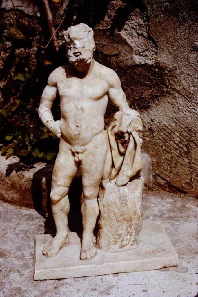 II.8.6 Pompeii. 1972. Marble statuette of Hercules found near the lararium. Photo by Stanley A. Jashemski. 
Source: The Wilhelmina and Stanley A. Jashemski archive in the University of Maryland Library, Special Collections (See collection page) and made available under the Creative Commons Attribution-Non Commercial License v.4. See Licence and use details. J72f0306
