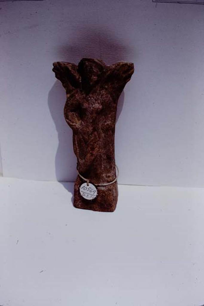 II.8.6 Pompeii. 1972. Terracotta votive offering of a slender female winged figure (0.165m high), found near lararium by the original 1953-54 excavators.
(Pompeii inv. no: 10569, dated  26.2.1954). Photo by Stanley A. Jashemski. 
Source: The Wilhelmina and Stanley A. Jashemski archive in the University of Maryland Library, Special Collections (See collection page) and made available under the Creative Commons Attribution-Non Commercial License v.4. See Licence and use details. J72f0315
According to d�Ambrosio and Borriello, this is a terracotta statuette of a Cupid-Hermaphrodite (due to the presence of the breasts), from the garden lararium. 
See d�Ambrosio, A. & Borriello, M , 1990. Le Terrecotte Figurate di Pompei . Rome, �L�Erma� di  Bretschneider, (No,.45, p.35, Tav.10)
