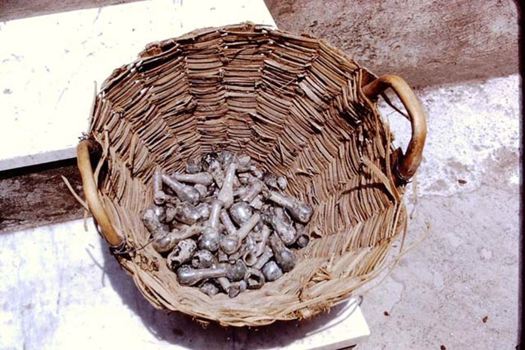 II.8.6 Pompeii. 1972. A few of the fragments of glass perfume bottles. Photo by Stanley A. Jashemski. 
Source: The Wilhelmina and Stanley A. Jashemski archive in the University of Maryland Library, Special Collections (See collection page) and made available under the Creative Commons Attribution-Non Commercial License v.4. See Licence and use details. J72f0320
