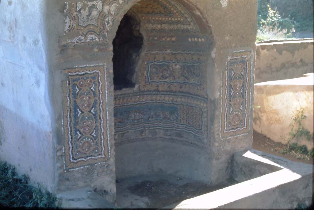 II.9.7 Pompeii, 4th December 1971. Detail from front face of fountain on south side.
Photo courtesy of Rick Bauer, from Dr.George Fay�s slides collection.
