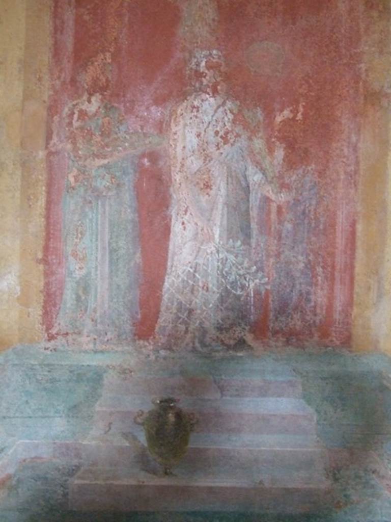 III.4.b. Pompeii.  March 2009. Room 3.  Oecus.  North wall.  Detail of Faded remains of Iphigenia and her attendants.
