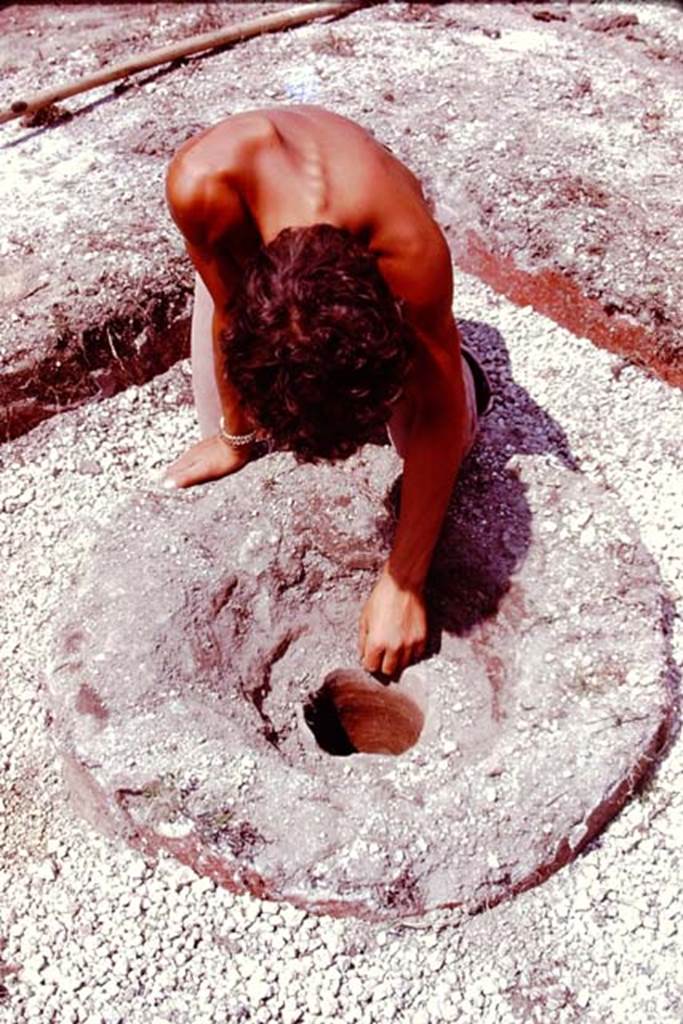 III.7 Pompeii. 1976. The top of the table in the centre of the couches, which had been found damaged. Photo by Stanley A. Jashemski.   
Source: The Wilhelmina and Stanley A. Jashemski archive in the University of Maryland Library, Special Collections (See collection page) and made available under the Creative Commons Attribution-Non Commercial License v.4. See Licence and use details. J76f0347
