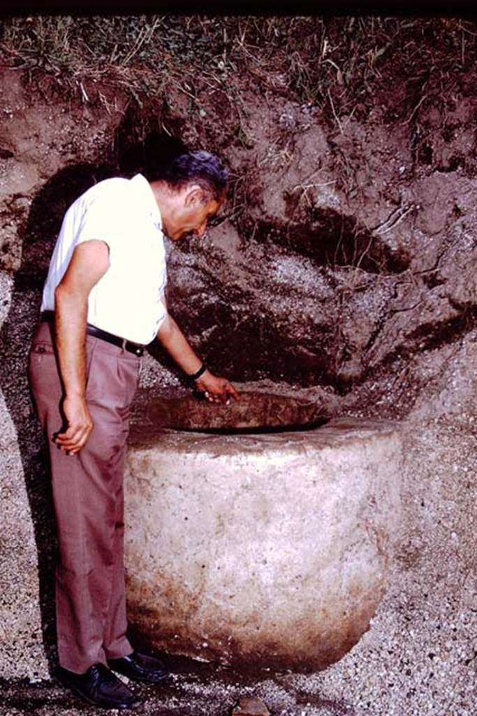 III.7 Pompeii. 1976. Sig. Sicignano examining the puteal. Photo by Stanley A. Jashemski.   
Source: The Wilhelmina and Stanley A. Jashemski archive in the University of Maryland Library, Special Collections (See collection page) and made available under the Creative Commons Attribution-Non Commercial License v.4. See Licence and use details. J76f0449
According to Wilhelmina, �we uncovered a perfectly preserved cistern puteal of an exceptional quality of cocciopesto. The only visible sources of water for the garden were the two cisterns, the one near the triclinium and this one. We were unable to excavate this one completely because of the pressure of the lapilli on the adjacent wall. This cistern was probably also fed by water from the roof of the house�.
See Jashemski, W.F., 2014. Discovering the Gardens of Pompeii: Memoirs of a Garden Archaeologist, (p.247).
