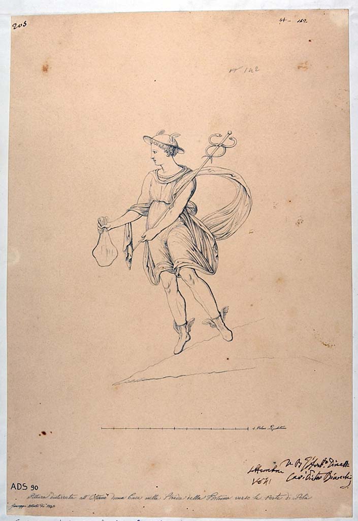 III.8.1 Pompeii. 1841 drawing by G. Abbate of painting of Mercury on fa�ade at entrance of shop.
This was a painting of a floating Mercury clad in a short tunic, mantle partly inflated, winged sandals and petasos (hat). 
He had the marsupium in his right hand and the caduceus rests on his left shoulder.
A triangular structure under the feet of the God was understood to be an indication of the land.
See Fr�hlich, T., 1991. Lararien und Fassadenbilder in den Vesuvst�dten. Mainz: von Zabern. (p. 313, F20).
According to ICCD database, the painting corresponding to the drawing, documented only in this drawing had already vanished in 1860.
It decorated the fa�ade of an insula of Regio III of Pompeii, located in the stretch of the Via di Nola closest to the Nola Gate.
Now in Naples Archaeological Museum. Inventory number ADS 90.
Photo � ICCD. https://www.catalogo.beniculturali.it
Utilizzabili alle condizioni della licenza Attribuzione - Non commerciale - Condividi allo stesso modo 2.5 Italia (CC BY-NC-SA 2.5 IT)
