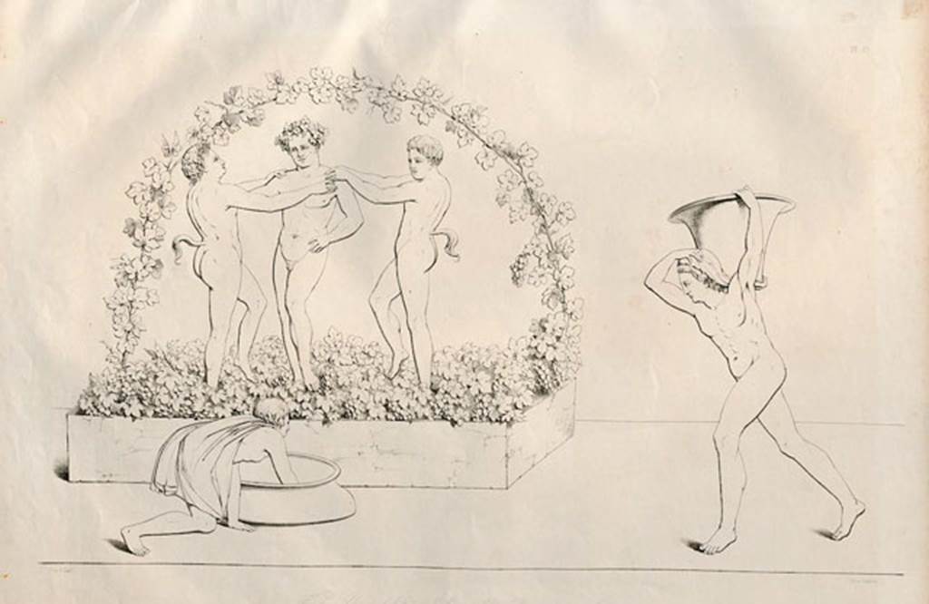 III.8.4 Pompeii. 1852 drawing of painting on fa�ade. Painting of three naked crowned Satyrs treading grapes in a rectangular wine press. In front a man in a tunic collects wine in a doliium. To the right a man in an apron carries a basket of grapes on his shoulder. See Fr�hlich, T., 1991. Lararien und Fassadenbilder in den Vesuvst�dten. Mainz: von Zabern. (p. 314, F22, Abb. 8). See Zahn, W., 1852. Die sch�nsten Ornamente und merkw�rdigsten Gem�lde aus Pompeji, Herkulanum und Stabiae: III. Berlin: Reimer. Taf. 13.