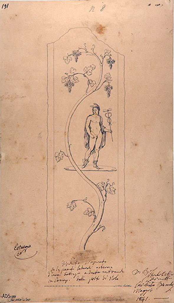 IV.1.d and IV.1.e Pompeii behind custodians shed. 1841 drawing by G. Abbate.
Drawing of painting of Mercury with petasos (hat) and winged sandals, and holding a caduceus. 
A vine runs from bottom to top of the panel.
Fr�hlich identified Mercury on the left of the entrance and Bacchus on the right of the entrance.
Now in Naples Archaeological Museum. Inventory number ADS 100.
See Fr�hlich, T., 1991. Lararien und Fassadenbilder in den Vesuvst�dten. Mainz: von Zabern. (p.316, F26).
Photo � ICCD. http://www.catalogo.beniculturali.it
Utilizzabili alle condizioni della licenza Attribuzione - Non commerciale - Condividi allo stesso modo 2.5 Italia (CC BY-NC-SA 2.5 IT)

