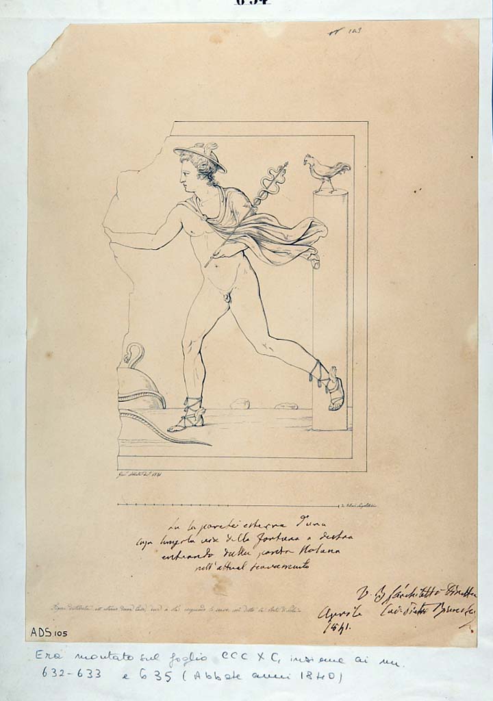 IV.2.a Pompeii. 1841 drawing by G. Abbate of lararium painting by entrance.
According to Liselotte Eschebach, there was a Lararium painting here.
She suggested this may possibly be F28 identified by Fr�hlich as from Regio IV.
This was a painting of Mercury running to the left, naked, wearing cloak, petasos (hat) and winged sandals.
In his left he had a caduceus and in his right a marsupium.
In front of the god was an omphalos with a serpent winding around it. 
On the right was a high round pillar with a cockerel on top of it. 
Now in Naples Archaeological Museum. Inventory number ADS 105.
See Fr�hlich, T., 1991. Lararien und Fassadenbilder in den Vesuvst�dten. Mainz: von Zabern. (p.316, F28).
See Eschebach, L., 1993. Geb�udeverzeichnis und Stadtplan der antiken Stadt Pompeji. K�ln: B�hlau. (p.116, IV.2.1).
Photo � ICCD. http://www.catalogo.beniculturali.it
Utilizzabili alle condizioni della licenza Attribuzione - Non commerciale - Condividi allo stesso modo 2.5 Italia (CC BY-NC-SA 2.5 IT)

