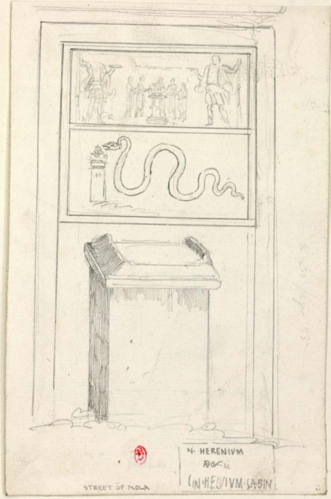 IV.4.g Pompeii. c.1819 sketch by W. Gell of street shrine and lararium found on the street of Nola, between IV.4.f and IV.4.g.
See Gell W & Gandy, J.P: Pompeii published 1819 [Dessins publi�s dans l'ouvrage de Sir William Gell et John P. Gandy, Pompeiana: the topography, edifices and ornaments of Pompei, 1817-1819], p. 65, 110/158.
See book in Biblioth�que de l'Institut National d'Histoire de l'Art [France], collections Jacques Doucet Gell Dessins 1817-1819
Use Etalab Open Licence ou Etalab Licence Ouverte
