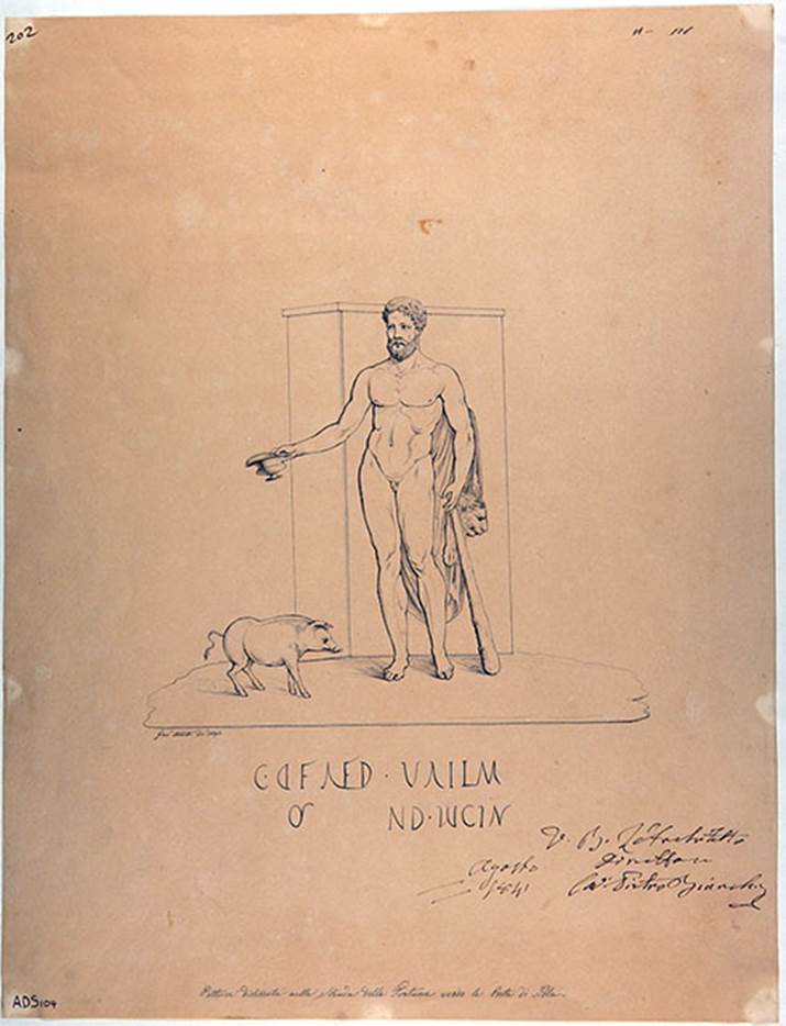 IV.5.b Pompeii. 1841. Entrance west pillar. Drawing by G. Abbate of Hercules with pig.
On the west pillar was a painting of Hercules, naked with a lion skin over his left shoulder.
In his right hand was a cantharus (cup) and his left hand was over the end of his club.
Under is an electoral inscription C D F AED.
Now in Naples Archaeological Museum. Inventory number ADS 104.
See Fr�hlich, T., 1991. Lararien und Fassadenbilder in den Vesuvst�dten. Mainz: von Zabern. (p.316, F27)
Photo � ICCD. http://www.catalogo.beniculturali.it
Utilizzabili alle condizioni della licenza Attribuzione - Non commerciale - Condividi allo stesso modo 2.5 Italia (CC BY-NC-SA 2.5 IT)

