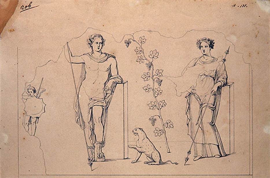 IV.5.b Pompeii. 1841. Entrance middle pillar. Drawing by G. Abbate of Bacchus and a goddess possibly Venus Pompeiana.
The middle pillar had a painting of a grape-crowned Bacchus wearing sandals and a cloak.
He stood with his elbow on a pillar and left foot on a podium. 
His right hand was raised, touching a standing Thyrsus. 
His left hand held a cantharus from which he fed a panther that sat to the left. 
To the right was a small Eros and another god possibly Venus Pompeiana.
Now in Naples Archaeological Museum. Inventory number ADS 103.
See Fr�hlich, T., 1991. Lararien und Fassadenbilder in den Vesuvst�dten. Mainz: von Zabern. (p.316, F27)
Photo � ICCD. http://www.catalogo.beniculturali.it
Utilizzabili alle condizioni della licenza Attribuzione - Non commerciale - Condividi allo stesso modo 2.5 Italia (CC BY-NC-SA 2.5 IT)

