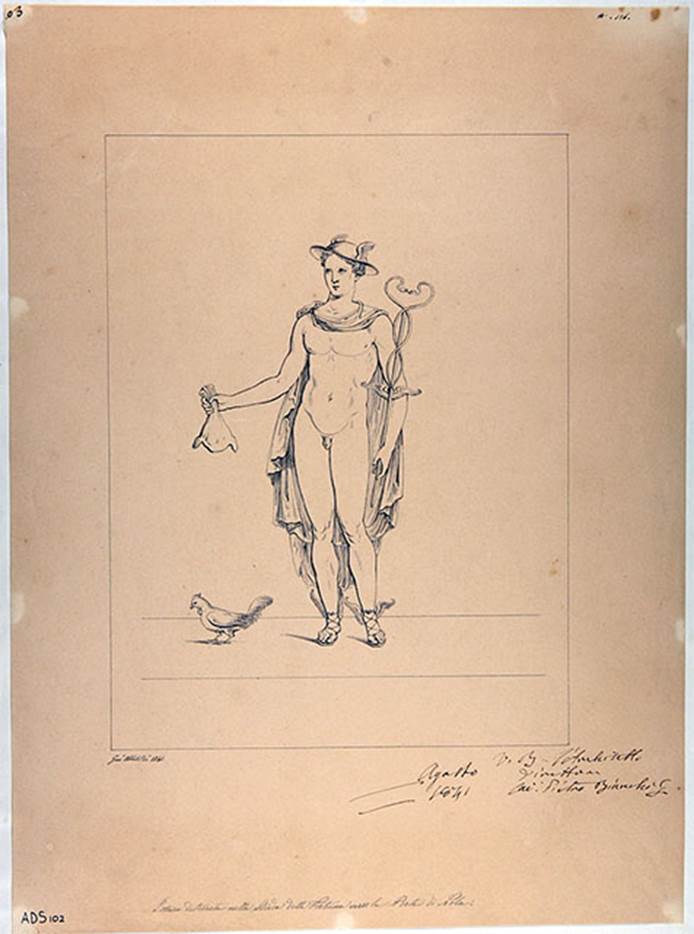 IV.5.b Pompeii. 1841. Entrance east pillar. Drawing by G. Abbate of Mercury.
On the east pillar was a painting of Mercury wearing winged sandals, petasos (hat) and a cloak.
In his right hand he had the marsupium and on the left shoulder the caduceus. To the left was a cockerel.
Now in Naples Archaeological Museum. Inventory number ADS 102.
See Fr�hlich, T., 1991. Lararien und Fassadenbilder in den Vesuvst�dten. Mainz: von Zabern. (p.316, F27)

Photo � ICCD. http://www.catalogo.beniculturali.it
Utilizzabili alle condizioni della licenza Attribuzione - Non commerciale - Condividi allo stesso modo 2.5 Italia (CC BY-NC-SA 2.5 IT)
