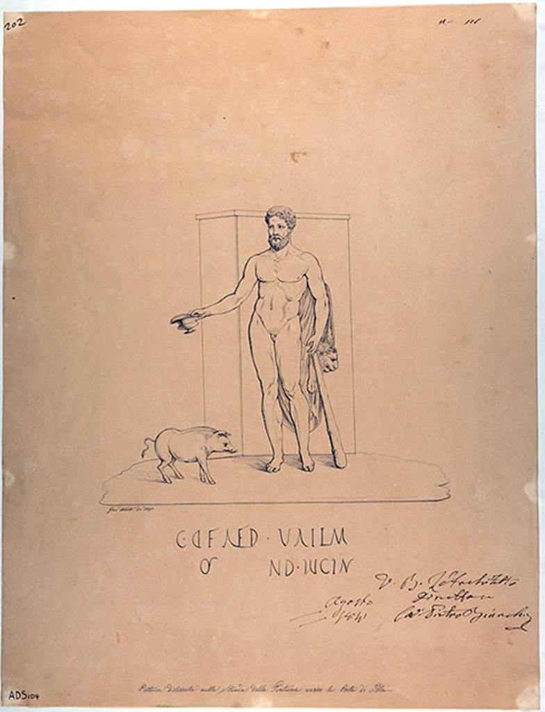 IV.5.b Pompeii. 1841. Entrance west pillar. Drawing by G. Abbate of Hercules with pig.
On the west pillar was a painting of Hercules, naked with a lion skin over his left shoulder.
In his right hand was a cantharus (cup) and his left hand was over the end of his club.
Under is an electoral inscription C D F AED.
Now in Naples Archaeological Museum. Inventory number ADS 104.
See Fr�hlich, T., 1991. Lararien und Fassadenbilder in den Vesuvst�dten. Mainz: von Zabern. (p.316, F27)
Photo � ICCD. http://www.catalogo.beniculturali.it
Utilizzabili alle condizioni della licenza Attribuzione - Non commerciale - Condividi allo stesso modo 2.5 Italia (CC BY-NC-SA 2.5 IT)

