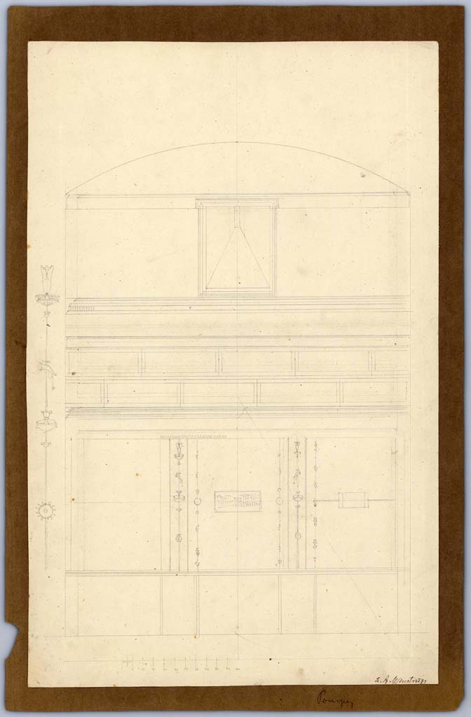 V.1.7 Pompeii. 1849.
Drawing by Laurits Albert Winstrup showing east wall of cubiculum and detail of candelabrum, on left.
Photo © Danmarks Kunstbibliotek, inventory number ark_6185.