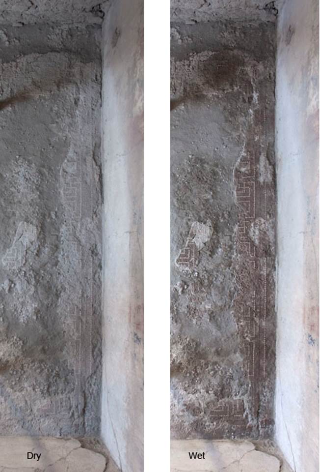 V.1.7 Pompeii. c.2005-7.
Room 8, detail of flooring near north wall, dry and wet. Photo by Hans Thorwid.
Photo courtesy of the Swedish Pompeii Project.