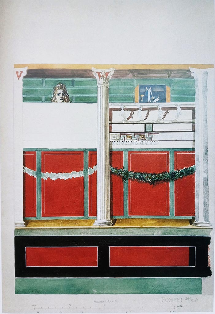 V.1.7 Pompeii. 1864. Water colour by Hans Jorgen Holm, dated 24/5 64.
Now in Kopenhagen Kunstakademien, inventory Number A 17.741.
According to Staub Gierow: A Danish architect, H. J. Holm has copied the north wall, which together with the description by Mau gives us some idea about its original layout.
See Staub Gierow, M., 2008. Pompejanische Copien aus Danemark: Studi della SAP 24, p. 29, Kat Nr. 1.