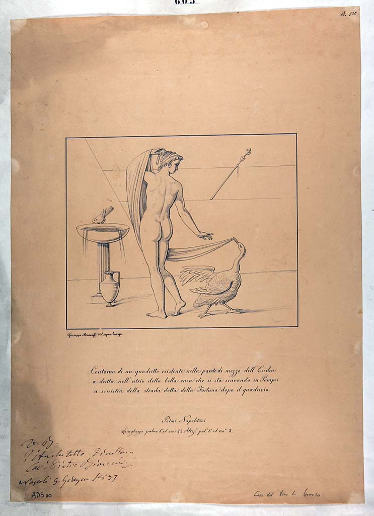 V.1.7 Pompeii. Drawing by Giuseppe Marsigli of painting described as being from the “esedra” on the right side of the atrium.
The painting showed Leda, viewed from the rear, in the pose of Venus/Aphrodite “Anadyomene”, and the swan pulling the edge of her cloak
Now in Naples Archaeological Museum. Inventory number ADS 110.
Photo © ICCD. http://www.catalogo.beniculturali.it
Utilizzabili alle condizioni della licenza Attribuzione - Non commerciale - Condividi allo stesso modo 2.5 Italia (CC BY-NC-SA 2.5 IT)