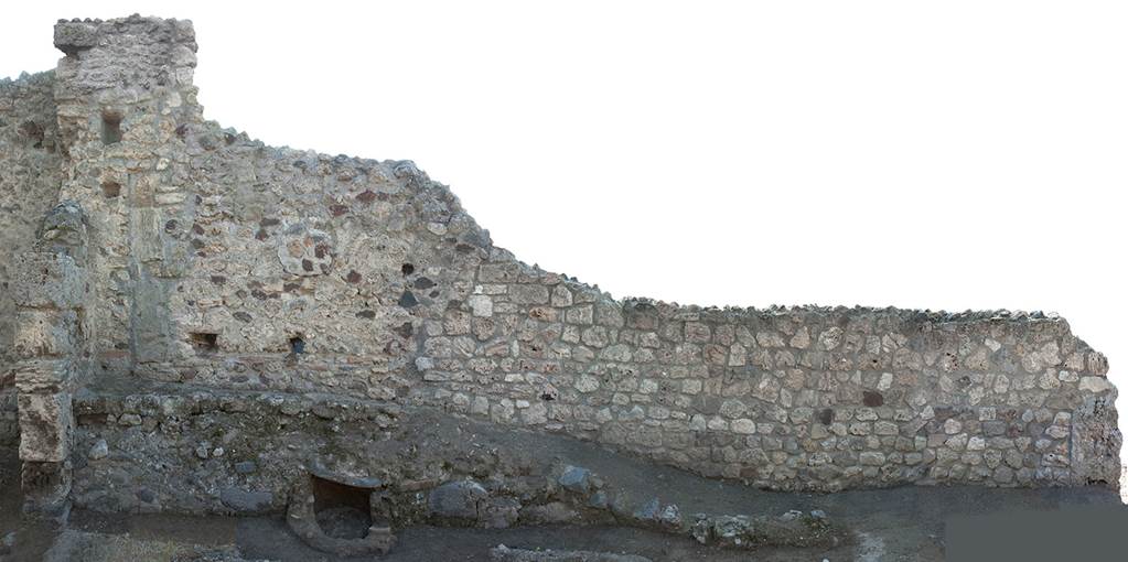 V.1.13 Pompeii. 2008. 
South wall of rear room “d”, after reconstruction in 2008. Photo by Hans Thorwid. 
“Restored parts of the wall photographed and merge with the lower part and floor line of earlier photos from 2005-07.”
Photo and words courtesy of the Swedish Pompeii Project.
