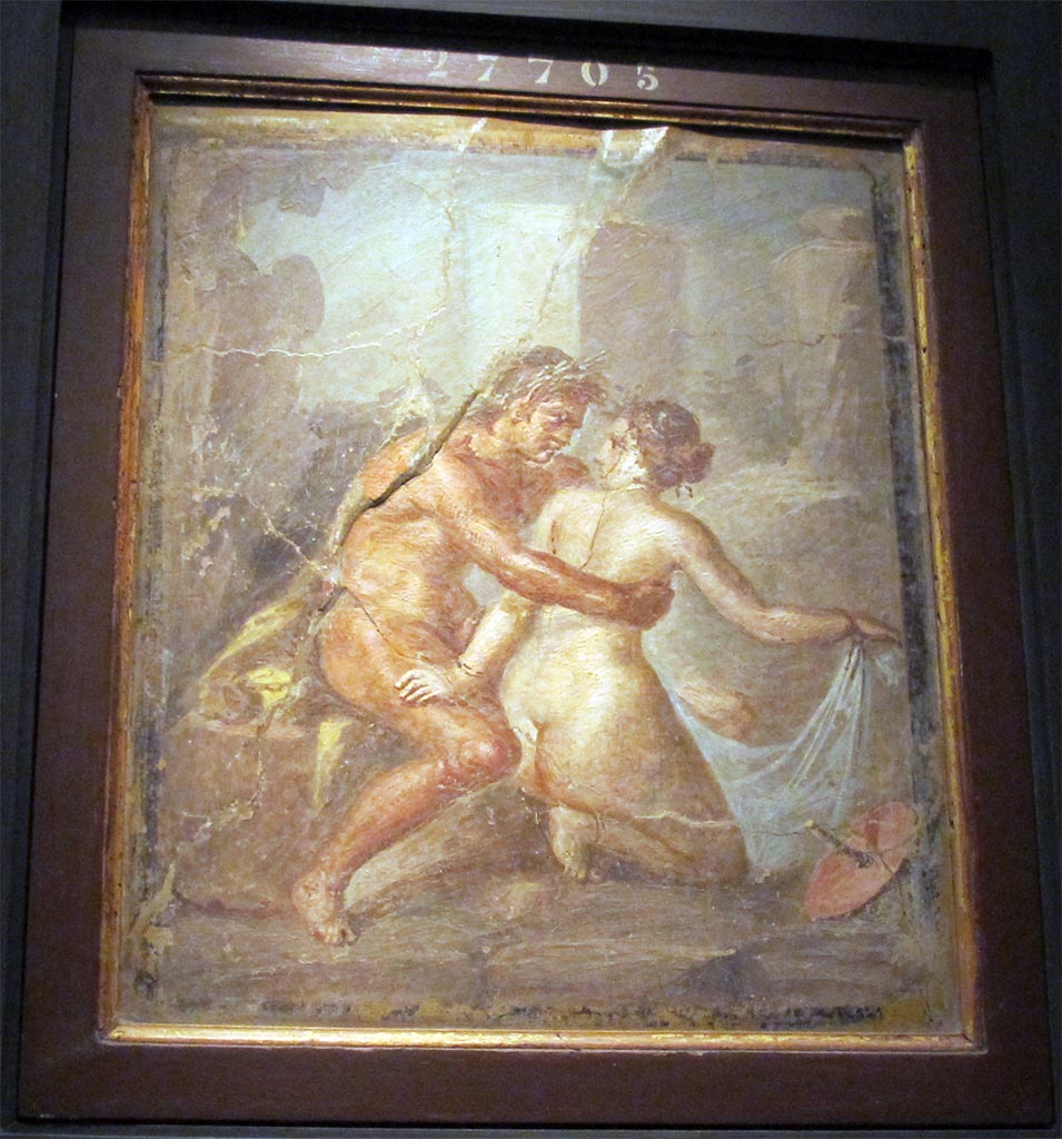 House on the Via degli Augustali, Pompeii. Painting of satyr embracing a nymph.
Now in Naples Archaeological Museum. Inventory number 27705.
According to PPM -
This painting has been wrongly attributed to the triclinium in the house at V.1.18, but the measurements and details described by Sogliano (So.238) do not add up.
The painting was identified as early as 1868, 6-7 years before the excavation of this house, by Helbig (H.554) as coming from a house on the Via degli Augustali.
See Carratelli, G. P., 1990-2003. Pompei: Pitture e Mosaici: Vol. III. Roma: Istituto della enciclopedia italiana, p. 552, no.26.