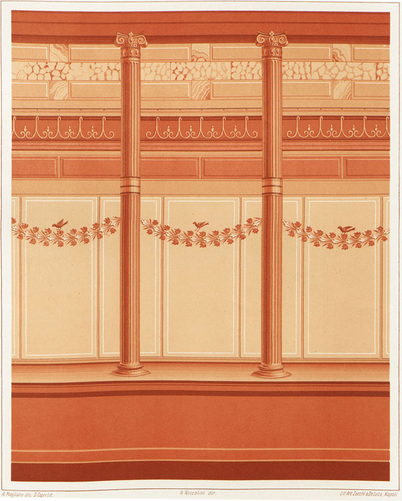 V.1.18 Pompeii.
Reproduction painting of a wall from triclinium “m”. at end of corridor leading north from peristyle.
Niccolini described this as “a gracious but simple wall”.
See Niccolini, F., 1890. Le Case ed i Monumenti di Pompei Book 3. Napoli. (L’Arte in Pompei, Tav. XXXVI).