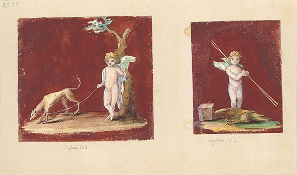 V.1.18 Pompeii.  Copies of two wall paintings of cupids in hunting scenes, Tablinum g..
DAIR 83.30. Photo © Deutsches Archäologisches Institut, Abteilung Rom, Arkiv. 
See http://arachne.uni-koeln.de/item/marbilder/5022206
