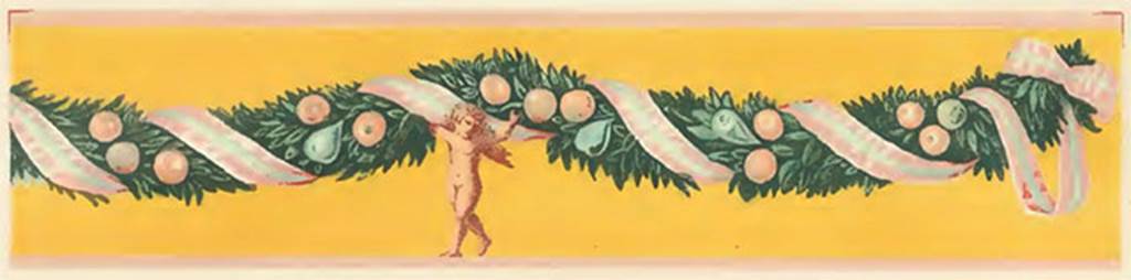 V.1.18 Pompeii. Copy of wall painting of a cupid carrying a beautiful garland, tablinum “g”, yellow top wall.
See Presuhn E., 1877. Die Pompejanischen Wanddecorationen, Leipzig: Weigel, Tafel XIX.
See Presuhn E., 1882. Pompeji: Die Neuesten Ausgrabungen  von 1874 bis 1881. Leipzig: Weigel. Abtheilung II.
