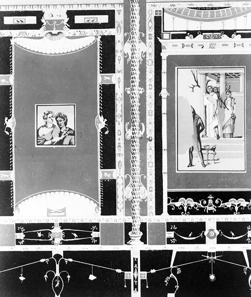 V.1.26 Pompeii.  W.322. Room “i”, west end of north wall of tablinum. 
Copy of wall with two paintings of a Satyr and Nymph, and Iphigenia in Tauris.
Photo by Tatiana Warscher. Photo © Deutsches Archäologisches Institut, Abteilung Rom, Arkiv. 

