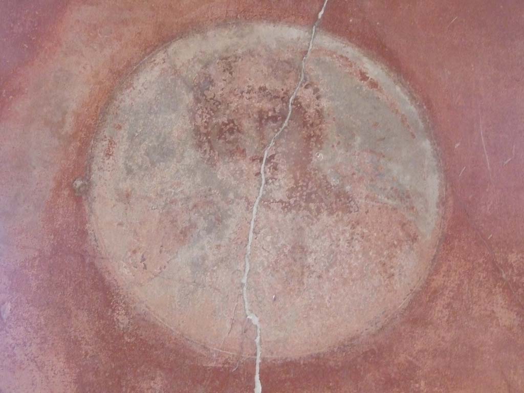 V.1.26 Pompeii. March 2009. 
Room “o”, west end of south wall of triclinium, painted medallion of feminine face in south-west corner.
See Schefold, K., 1962. Vergessenes Pompeji. Bern: Francke. (p.212, fig 180, 4)

