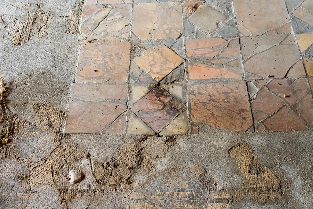 V.1.26 Pompeii. October 2023. 
Room “o”, detail of opus sectile flooring in the centre of the floor, with black and white decorated mosaic cornice.
Photo courtesy of Johannes Eber
