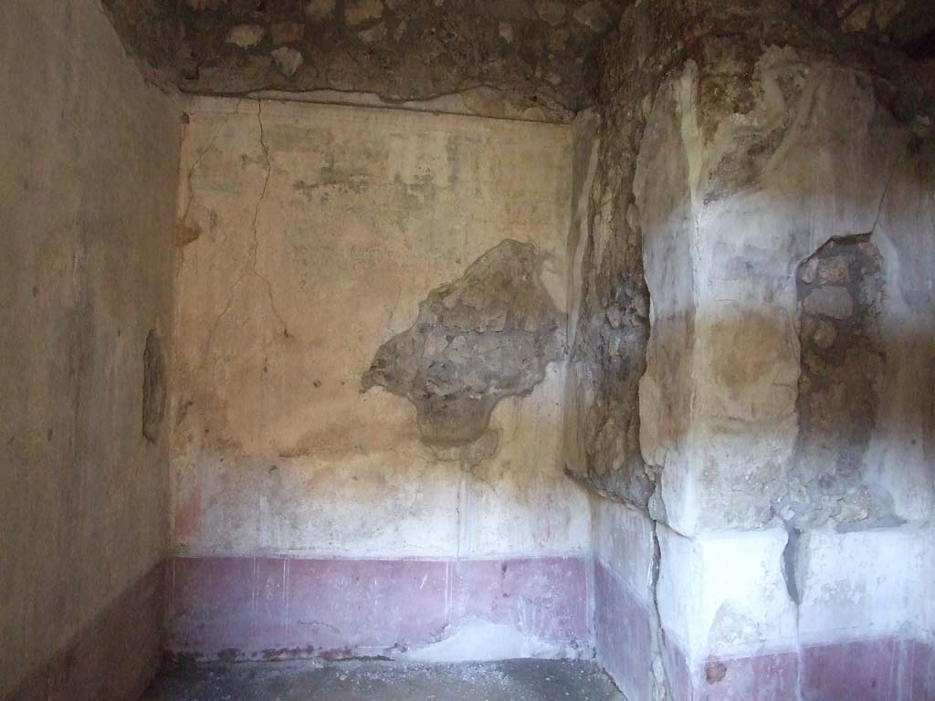 V.1.26 Pompeii. March 2009. Room "p", north wall, and north-east corner, with purple/violet zoccolo/dado, and white middle zone.
According to PPM, the zoccolo was decorated with panels separated by narrow compartments decorated with flowers amongst palms.
In the middle of the north wall, at the rear of the alcove, Mau saw “without a cornice and on a white background, the noted group of Mars and Venus.” ………. In the side panels, seen on the left was a flying figure, on the right a standing Cupid. He could not recognise any particulars in one or other of the figures. (See Mau, BdI, 1876, p.220).
See Carratelli, G. P., 1990-2003. Pompei: Pitture e Mosaici: Vol. III. Roma: Istituto della enciclopedia italiana, (p.613, no.82).
