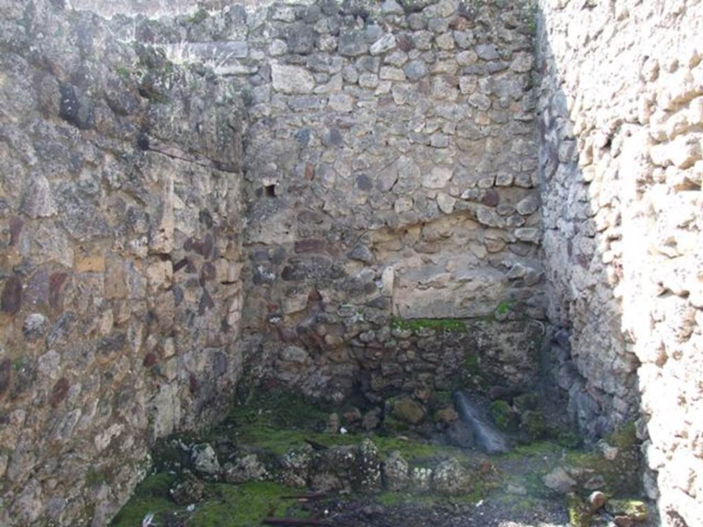 V.2.1 Pompeii. March 2009. Room 4, looking west towards the remains of west wall of the cubiculum, with latrine �e� at its rear. 
It now looks like it is all of the same room but would have been a separate latrine reached by a door, now blocked, which can be seen in the south wall, see V.2.a. The doorway would have been on the north side of corridor �d�. 


