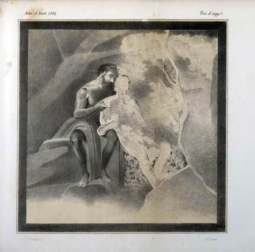 V.2.1 Pompeii. Room 9, detail of wall painting on west wall of Marsyas and Olympus.
This would appear to show Marsyas teaching Olympus to play the flute in a landscape seen with a tree, on the right.
See Annali dell�Instituto di Corrispondenza Archeologica (DAIR), 1884, Tav. G.

