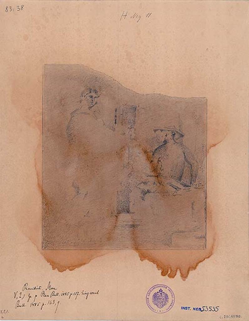 V.2.1 Pompeii. Room 9, painting on east wall of triclinium, much ruined at the time of discovery. This has been interpreted as both either Atalanta and Meleager, or possible Odysseus and Penelope. DAIR 83.38. Photo � Deutsches Arch�ologisches Institut, Abteilung Rom, Arkiv. 

