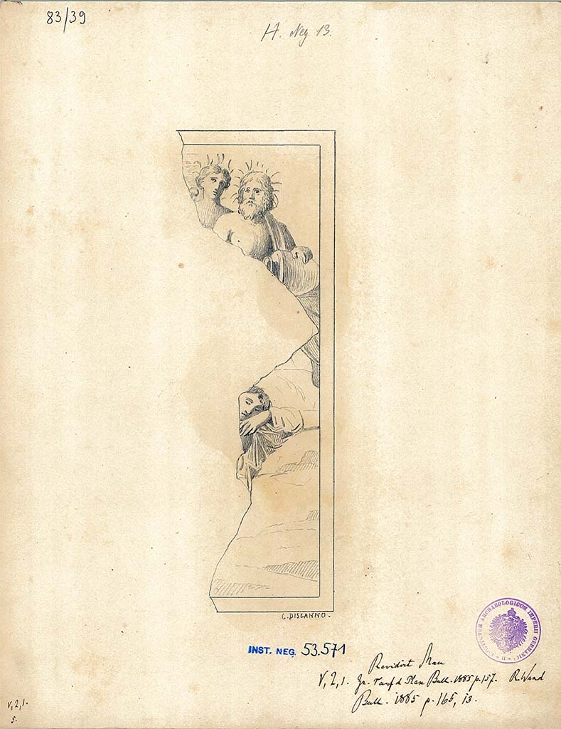 V.2.1 Pompeii. 
Room 15, (or Triclinium “r”) design by G. Discanno showing the remains of the fragment of the central painting of Ariadne abandoned by Theseus on the south (or rear) wall.
According to Mau in BdI -
Preserved in the lower part was the blonde head of the sleeping Ariadne, turned to the spectators on her left arm.
In the upper part, two local divinities can be seen.
See Bullettino dell’Instituto di Corrispondenza Archeologica (DAIR), 1885, p. 157, p. 165 no.13
See Carratelli, G. P., 1990-2003. Pompei: Pitture e Mosaici: Vol. III. Roma: Istituto della enciclopedia italiana, p. 796, no. 37.
DAIR 83.39. Photo © Deutsches Archäologisches Institut, Abteilung Rom, Arkiv. 
Kuivalainen describes –
“In the right corner, the head of a sleeping figure reclining towards the right, depicted almost frontally. Behind her are two male heads, the bearded one with a jar, both wearing wreaths with tendril-like attachments.”
Kuivalainen comments –
“Probably a young Bacchus with his thiasus, advancing towards a sleeping Ariadne.”
See Kuivalainen, I., 2021. The Portrayal of Pompeian Bacchus. Commentationes Humanarum Litterarum 140. Helsinki: Finnish Society of Sciences and Letters, (p.152, E15).
