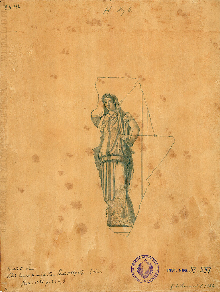 V.2.4 Pompeii. Cubiculum, north wall. 1884 copy by G. de Simone of remains of painting of Diotima and Socrates of which only the female figure, draped and with jewels remains.
See Carratelli, G. P., 1990-2003. Pompei: Pitture e Mosaici: Vol. III. Roma: Istituto della enciclopedia italiana, p. 819.
DAIR 83.46. Photo � Deutsches Arch�ologisches Institut, Abteilung Rom, Arkiv. 
