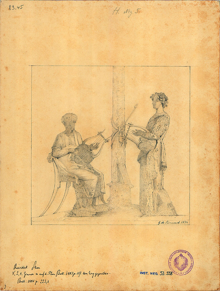 V.2.4 Pompeii. 1884. Room 17, centre of east wall. Drawing by G. de Simone of painting of Pindar and Corrina.
DAIR 83.45. Photo � Deutsches Arch�ologisches Institut, Abteilung Rom, Arkiv. 
