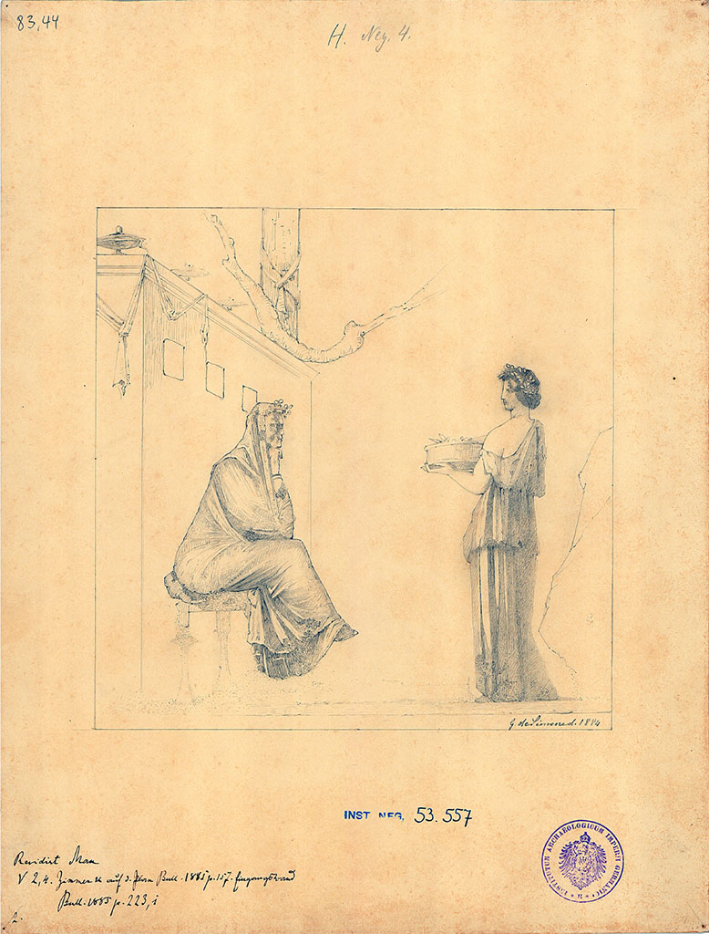 V.2.4 Pompeii. Room 17, west wall. 1884 drawing by G. de Simone of painting identified as Sappho (seated) and female figure.
See Carratelli, G. P., 1990-2003. Pompei: Pitture e Mosaici: Vol. III. Roma: Istituto della enciclopedia italiana, p. 823.
DAIR 83.44. Photo � Deutsches Arch�ologisches Institut, Abteilung Rom, Arkiv. 
