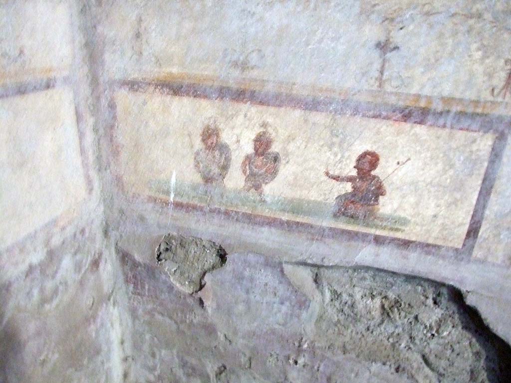 V.2.i Pompeii. December 2007. Room 9, wall painting of pygmies in predella of south end of west wall in south-west corner.