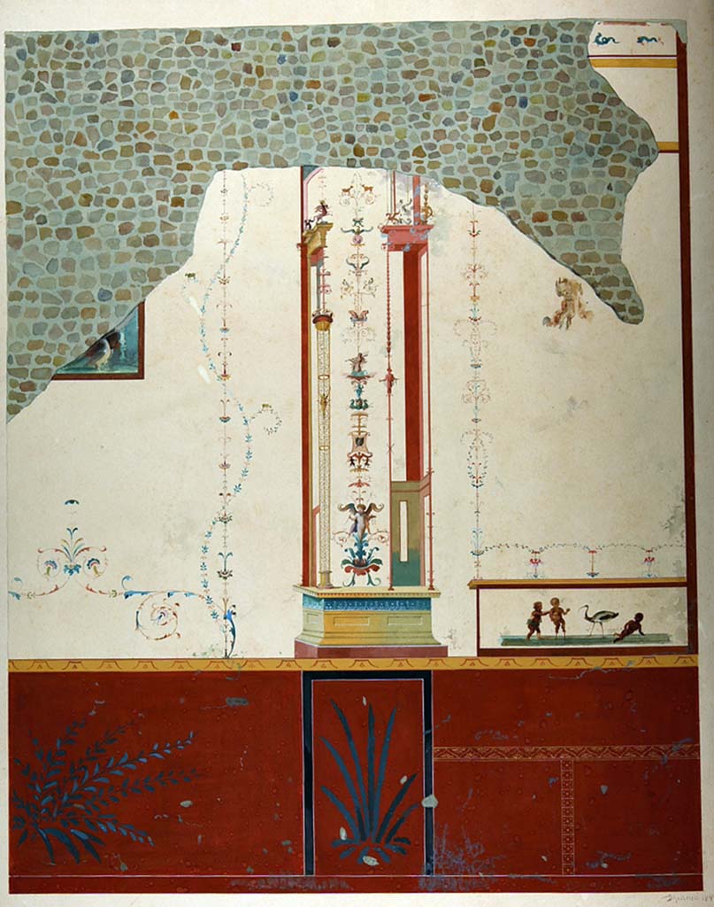 V.2.i, Pompeii. Painting by Geremia Discanno, 1893, of centre and north end of west wall of room 9.
Now in Naples Archaeological Museum. Inventory number ADS 115.
Photo © ICCD. http://www.catalogo.beniculturali.it
Utilizzabili alle condizioni della licenza Attribuzione - Non commerciale - Condividi allo stesso modo 2.5 Italia (CC BY-NC-SA 2.5 IT)
