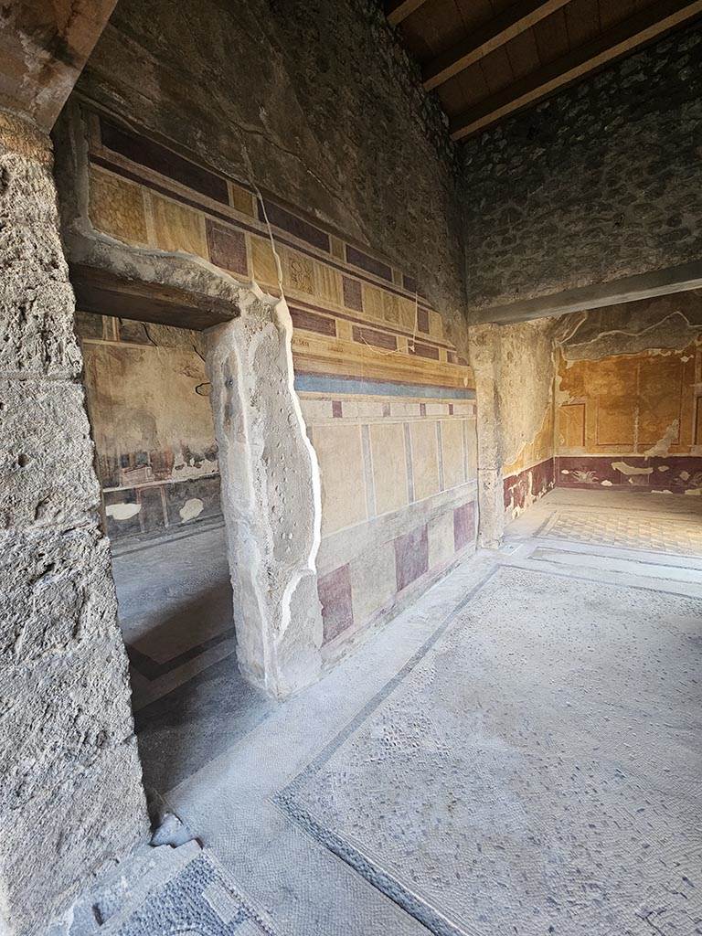 V.2.i Pompeii. November 2024. 
Room 14, south wall of antecamera, with doorway to triclinium/oecus 16. Photo courtesy of Annette Haug.
