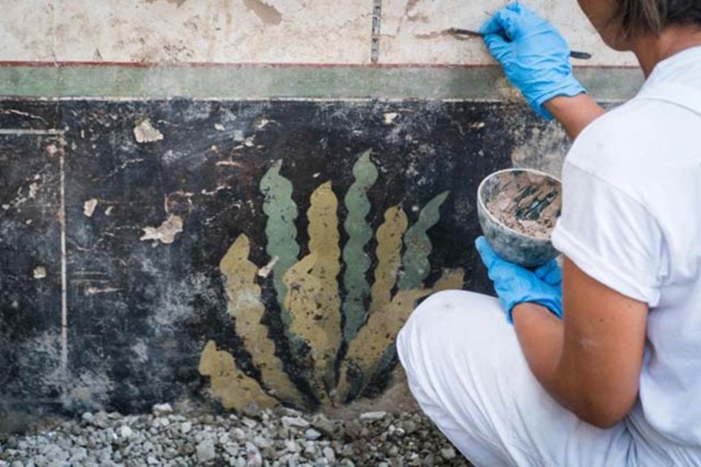 V.2.15 Pompeii. August 2018. Room A13 on south side of atrium with white walls with a floral design. Plant motif on black zoccolo.
Photograph © Parco Archeologico di Pompei.