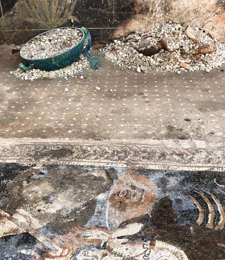 V.2.15 Pompeii. October 2018. Room A13 on south side of atrium. Bronze two handled bowl and bronze pan found on mosaic floor.
Photograph © Parco Archeologico di Pompei.
V.2.15 Pompeii. 2018. Room A13 on south side of atrium. Bronze two handled bowl, bronze pan and clay utensils found on mosaic floor.
Photograph © Parco Archeologico di Pompei.